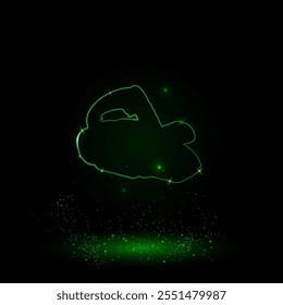 A large green outline electric plane symbol on the center. Green Neon style. Neon color with shiny stars. Vector illustration on black background
