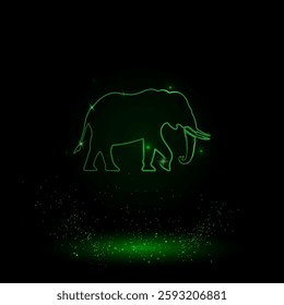 A large green outline elephant symbol on the center. Green Neon style. Neon color with shiny stars. Vector illustration on black background