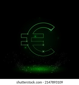 A large green outline euro symbol on the center. Green Neon style. Neon color with shiny stars. Vector illustration on black background