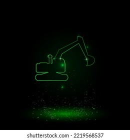 A large green outline excavator symbol on the center. Green Neon style. Neon color with shiny stars. Vector illustration on black background