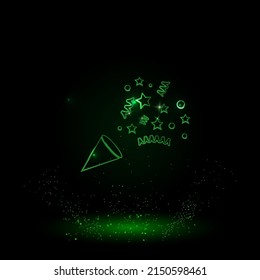 A large green outline exploding party popper on the center. Green Neon style. Neon color with shiny stars. Vector illustration on black background