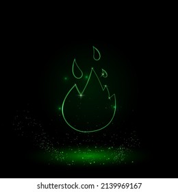 A large green outline fire symbol on the center. Green Neon style. Neon color with shiny stars. Vector illustration on black background
