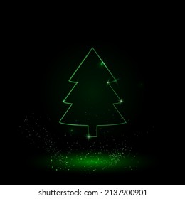 A large green outline fir-tree symbol on the center. Green Neon style. Neon color with shiny stars. Vector illustration on black background