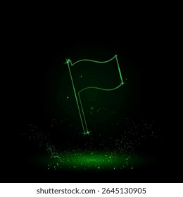 A large green outline flag symbol on the center. Green Neon style. Neon color with shiny stars. Vector illustration on black background