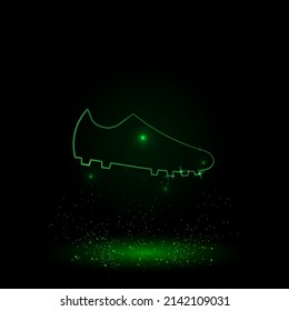 A large green outline football boot symbol on the center. Green Neon style. Neon color with shiny stars. Vector illustration on black background