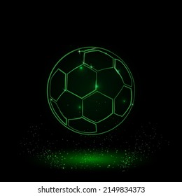 A large green outline football symbol on the center. Green Neon style. Neon color with shiny stars. Vector illustration on black background