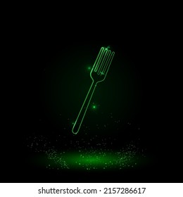 A large green outline fork on the center. Green Neon style. Neon color with shiny stars. Vector illustration on black background