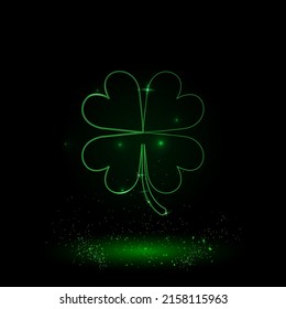 A large green outline four-leaf clover symbol on the center. Green Neon style. Neon color with shiny stars. Vector illustration on black background