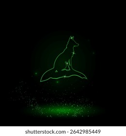 A large green outline fox symbol on the center. Green Neon style. Neon color with shiny stars. Vector illustration on black background