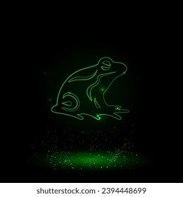 A large green outline frog symbol on the center. Green Neon style. Neon color with shiny stars. Vector illustration on black background