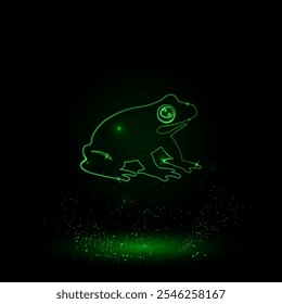 Um grande contorno verde sapo engraçado no centro. Estilo Neon Verde. Cor neon com estrelas brilhantes. Ilustração vetorial no plano de fundo preto