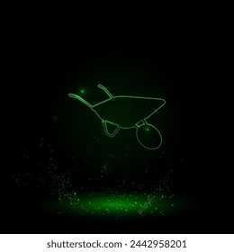 A large green outline garden cart on the center. Green Neon style. Neon color with shiny stars. Vector illustration on black background