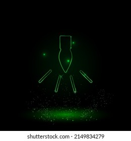 A large green outline garland light bulb symbol on the center. Green Neon style. Neon color with shiny stars. Vector illustration on black background
