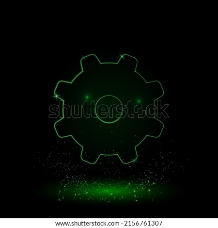 A large green outline gear symbol on the center. Green Neon style. Neon color with shiny stars. Vector illustration on black background