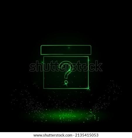 A large green outline gift box with a question symbol on the center. Green Neon style. Neon color with shiny stars. Vector illustration on black background