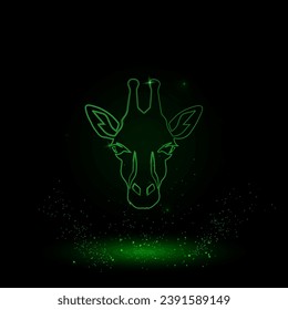 A large green outline giraffe head symbol on the center. Green Neon style. Neon color with shiny stars. Vector illustration on black background