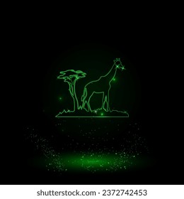 A large green outline giraffe symbol on the center. Green Neon style. Neon color with shiny stars. Vector illustration on black background