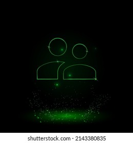 A large green outline group symbol on the center. Green Neon style. Neon color with shiny stars. Vector illustration on black background