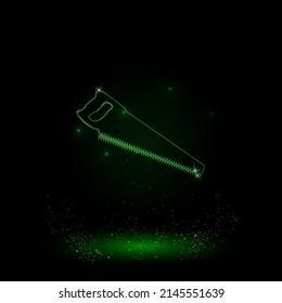 A large green outline hand saw symbol on the center. Green Neon style. Neon color with shiny stars. Vector illustration on black background