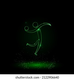 A large green outline handball symbol on the center. Green Neon style. Neon color with shiny stars. Vector illustration on black background