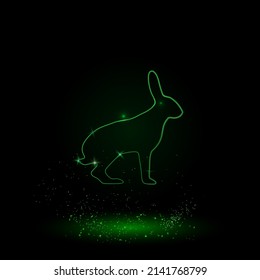 A large green outline hare symbol on the center. Green Neon style. Neon color with shiny stars. Vector illustration on black background