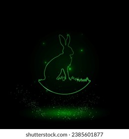 A large green outline hare symbol on the center. Green Neon style. Neon color with shiny stars. Vector illustration on black background
