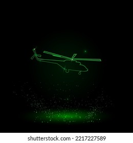 A large green outline helicopter symbol on the center. Green Neon style. Neon color with shiny stars. Vector illustration on black background