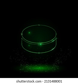 Ein großer grüner Umriss-Hockey-Puck in der Mitte. Green Neon Stil. Neonfarben mit glänzenden Sternen. Vektorgrafik auf schwarzem Hintergrund