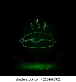 A large green outline hot pie symbol on the center. Green Neon style. Neon color with shiny stars. Vector illustration on black background