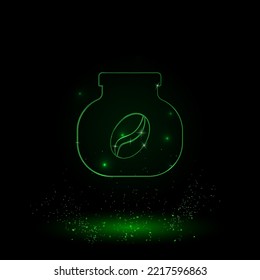 A large green outline instant coffee symbol on the center. Green Neon style. Neon color with shiny stars. Vector illustration on black background