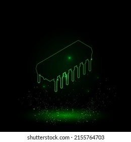 A large green outline integrated circuit symbol on the center. Green Neon style. Neon color with shiny stars. Vector illustration on black background