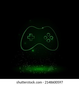 A large green outline joystick symbol on the center. Green Neon style. Neon color with shiny stars. Vector illustration on black background