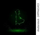 A large green outline lady symbol on the center. Green Neon style. Neon color with shiny stars. Vector illustration on black background