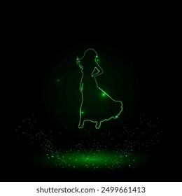 A large green outline lady symbol on the center. Green Neon style. Neon color with shiny stars. Vector illustration on black background