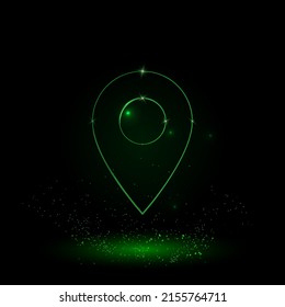 A large green outline location symbol on the center. Green Neon style. Neon color with shiny stars. Vector illustration on black background