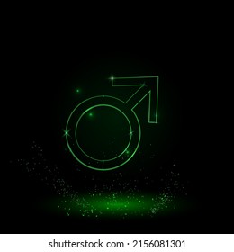 Un gran símbolo de la marca de contorno verde en el centro. Estilo neón verde. Color neón con estrellas brillantes. Ilustración del vector sobre fondo negro