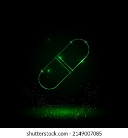 A large green outline medical capsule symbol on the center. Green Neon style. Neon color with shiny stars. Vector illustration on black background