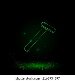 A large green outline mens razor symbol on the center. Green Neon style. Neon color with shiny stars. Vector illustration on black background