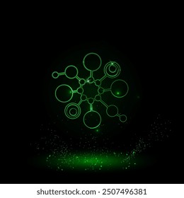 A large green outline molecule symbol on the center. Green Neon style. Neon color with shiny stars. Vector illustration on black background
