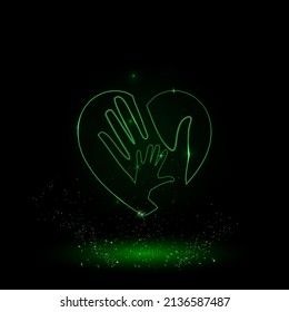 A large green outline mom with baby symbol on the center. Green Neon style. Neon color with shiny stars. Vector illustration on black background