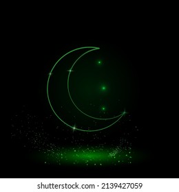 A large green outline moon symbol on the center. Green Neon style. Neon color with shiny stars. Vector illustration on black background