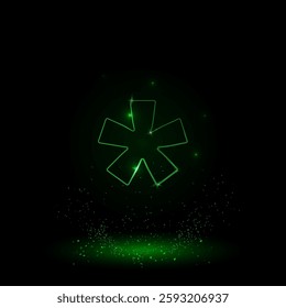 A large green outline multiply symbol on the center. Green Neon style. Neon color with shiny stars. Vector illustration on black background