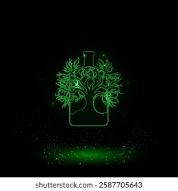 A large green outline mystical tree in bottle symbol on the center. Green Neon style. Neon color with shiny stars. Vector illustration on black background