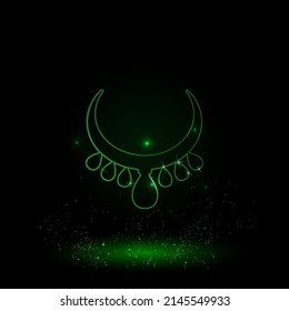 A large green outline necklace symbol on the center. Green Neon style. Neon color with shiny stars. Vector illustration on black background