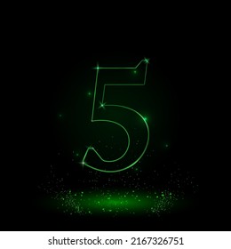 A large green outline number five symbol on the center. Green Neon style. Neon color with shiny stars. Vector illustration on black background