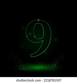 A large green outline number nine symbol on the center. Green Neon style. Neon color with shiny stars. Vector illustration on black background