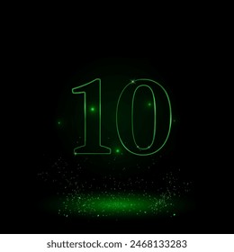 A large green outline number ten symbol on the center. Green Neon style. Neon color with shiny stars. Vector illustration on black background