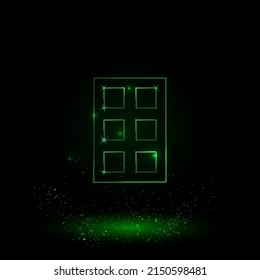 A large green outline office building symbol on the center. Green Neon style. Neon color with shiny stars. Vector illustration on black background