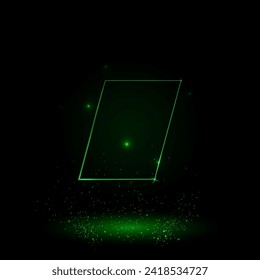 A large green outline parallelogram symbol on the center. Green Neon style. Neon color with shiny stars. Vector illustration on black background