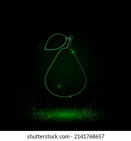 A large green outline pear symbol on the center. Green Neon style. Neon color with shiny stars. Vector illustration on black background